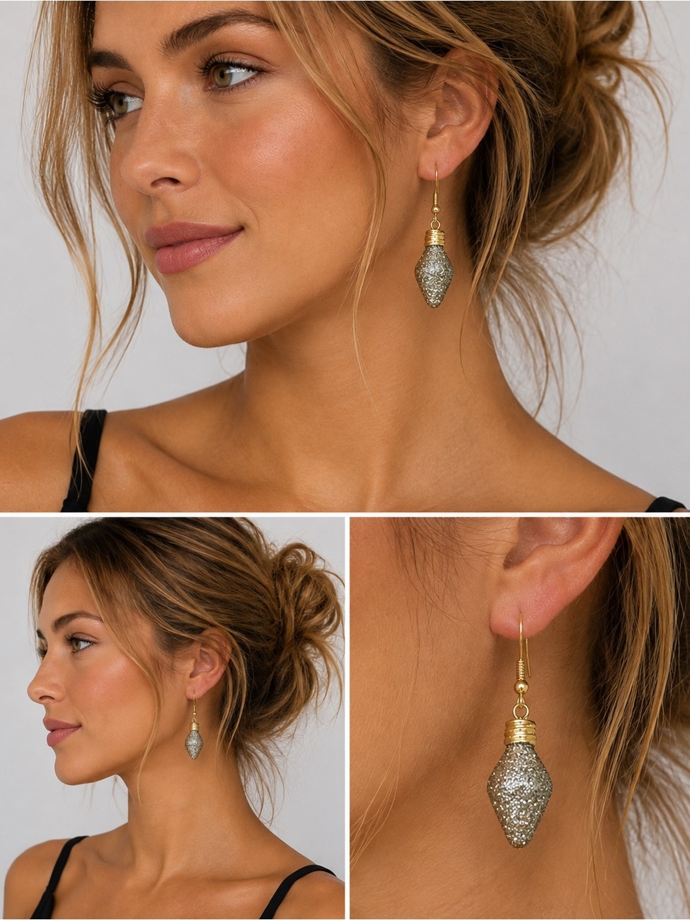 Handmade Gold Silver Glitter Christmas Light Bulb Dangle Earrings